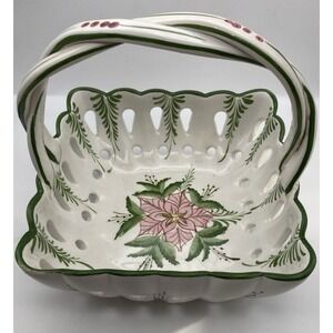Vintage Hand Painted Ceramic Basket W/ Braided Floral Handle Reticulated Spring